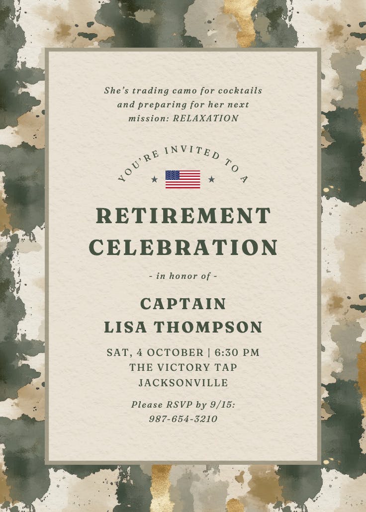 Camo mission - retirement & farewell party invitation